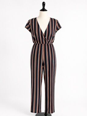 Charlotte Russe Navy, Rust & Cream Vertical-Striped V-Neck Jumpsuit